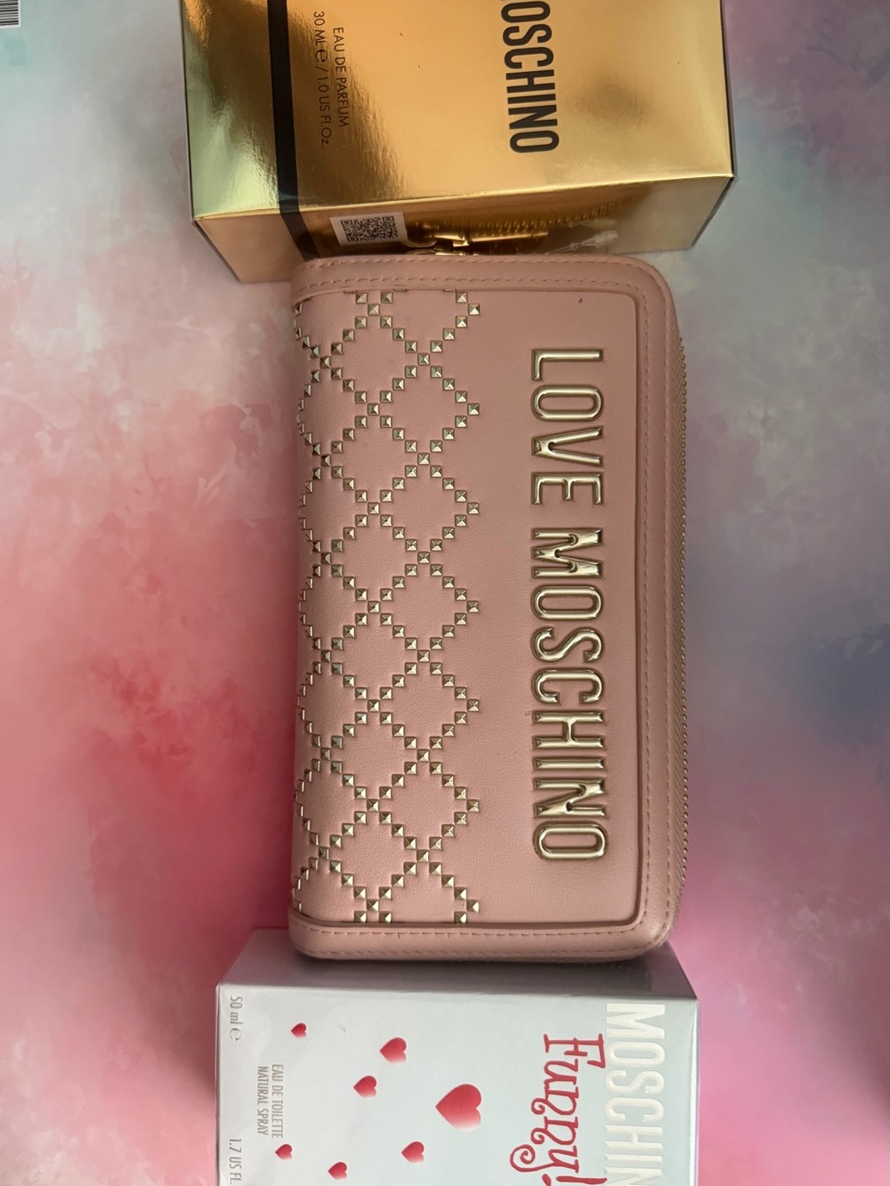 Love Moschino Pink Quilted Zip Wallet with 2 Women’s Perfume Bundle